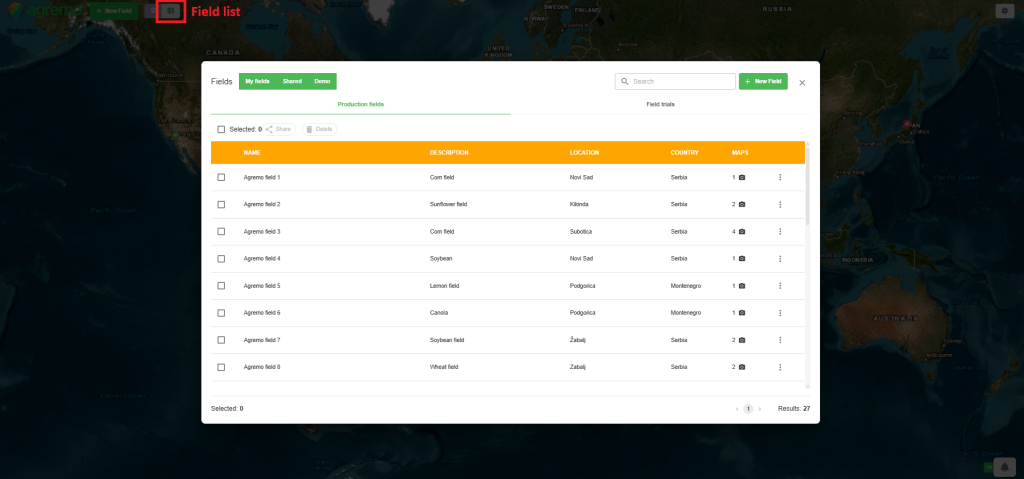 Field list - list with created fields Field list - list with created fields