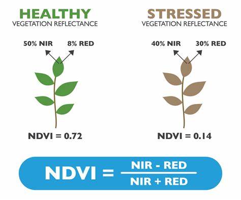 The most used vegetation index is undoubtedly the NDVI (Normalized Difference Vegetation Index): it describes the vigour level of the crop and it is calculated as the ratio between the difference and the sum of the refracted radiations in the near infrared and in the red, that is as (NIR-RED)/(NIR+RED)