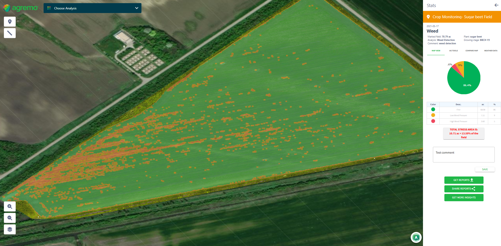 Pre-EM analysis for weed detection in corn production, showing high and low weed pressure zones on a precision agriculture map Pre-EM analysis for weed detection in corn production, showing high and low weed pressure zones on a precision agriculture map