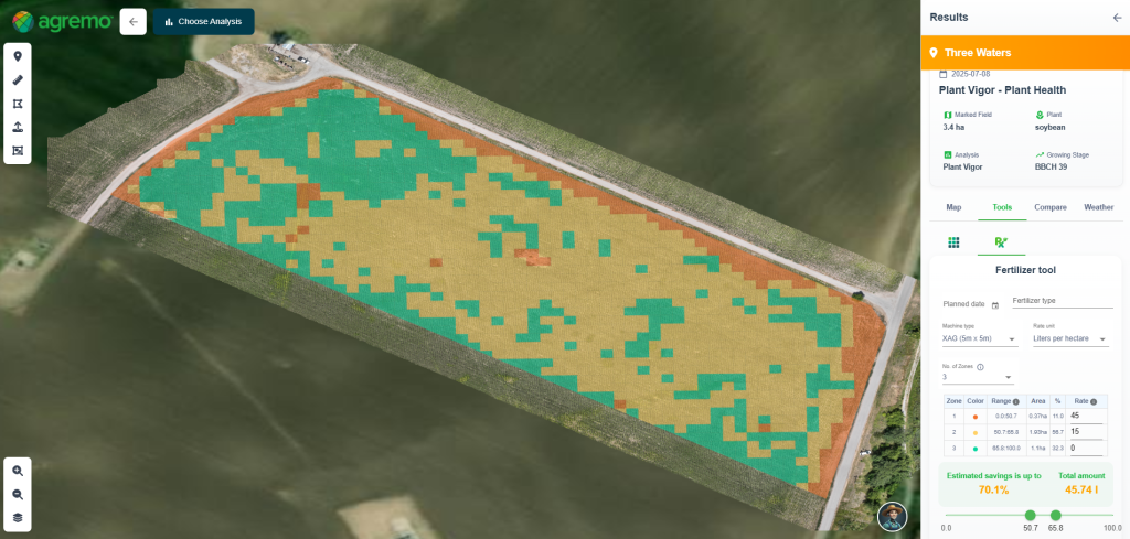 Generated variable rate spray map for soybean field showing calculated insecticide and amino acid application zones and projected cost savings using Agremo technology Generated variable rate spray map for soybean field showing calculated insecticide and amino acid application zones and projected cost savings using Agremo technology