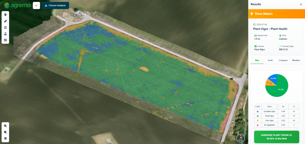 Plant Vigor Analysis map of 3.4 ha soybean field showing crop health and stress zones using Agremo technology Plant Vigor Analysis map of 3.4 ha soybean field showing crop health and stress zones using Agremo technology